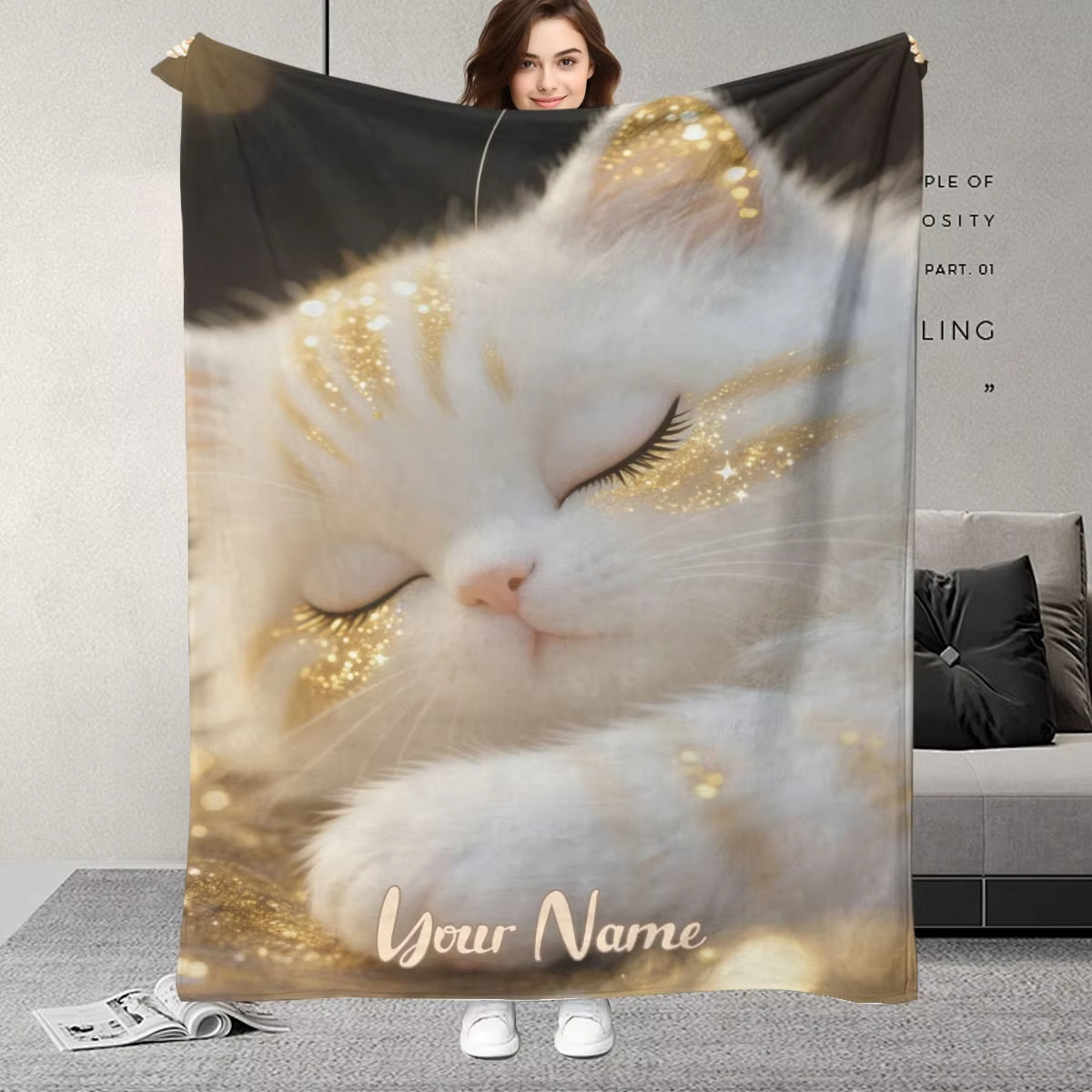 Home Textiles Images - Custom Name Dreamy Cat Pattern Blanket,